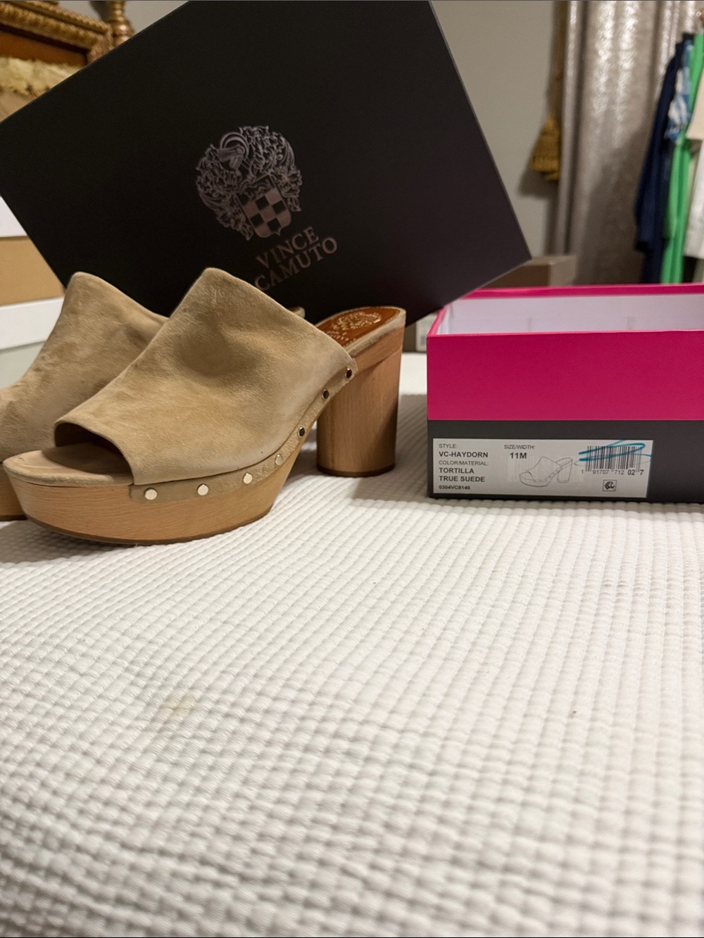 Vince Camuto Beige Suede Platform Mule Heels